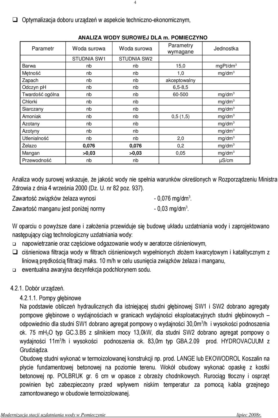 Twardość ogólna nb nb 60-500 mg/dm 3 Chlorki nb nb mg/dm 3 Siarczany nb nb mg/dm 3 Amoniak nb nb 0,5 (1,5) mg/dm 3 Azotany nb nb mg/dm 3 Azotyny nb nb mg/dm 3 Utlenialność nb nb 2,0 mg/dm 3 śelazo