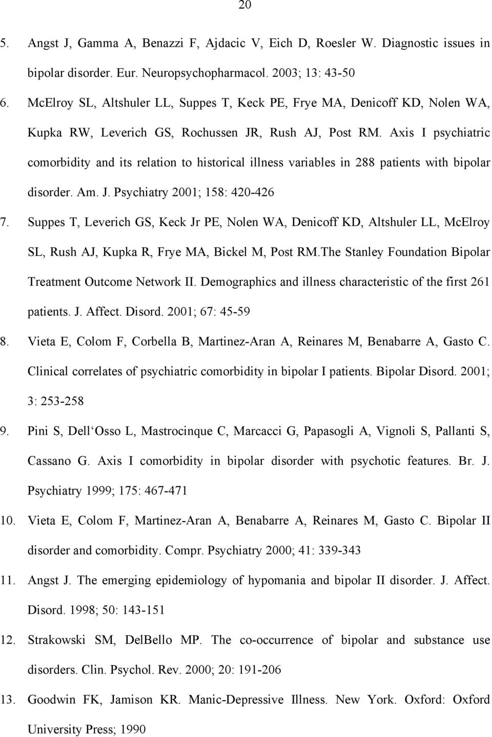 Axis I psychiatric comorbidity and its relation to historical illness variables in 288 patients with bipolar disorder. Am. J. Psychiatry 2001; 158: 420-426 7.