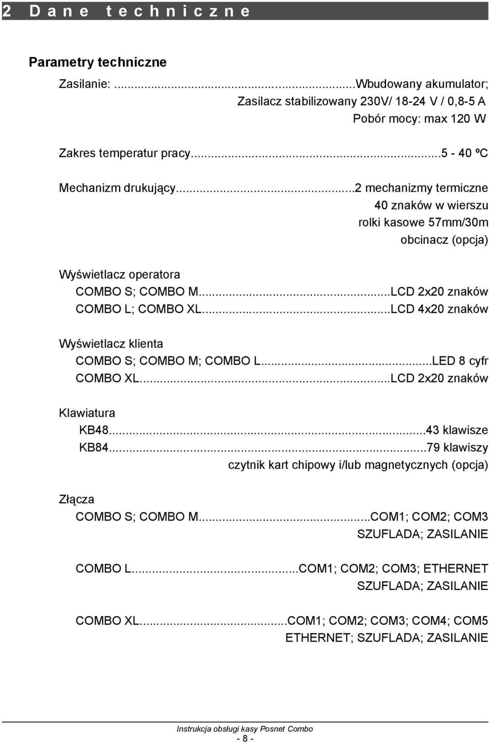 ..LCD 4x20 znaków Wyświetlacz klienta COMBO S; COMBO M; COMBO L...LED 8 cyfr COMBO XL...LCD 2x20 znaków Klawiatura KB48...43 klawisze KB84.