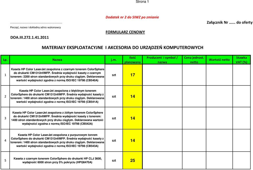 Średnia wydajność kasety z czarnym tonerem: 2200 stron standardowych przy druku ciągłym.