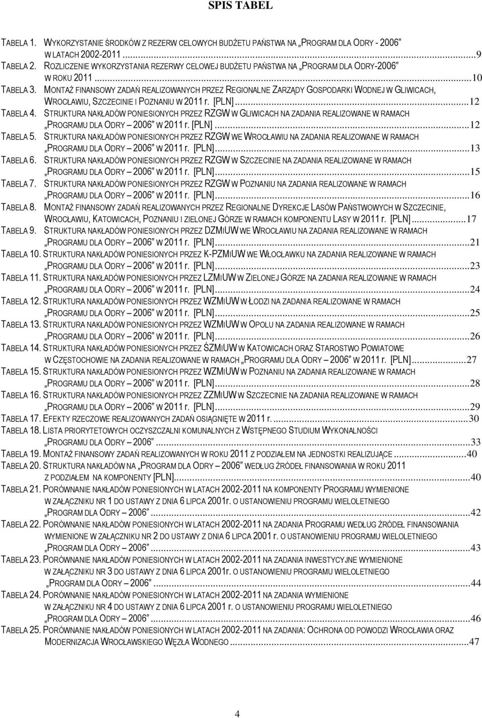 MONTAŻ FINANSOWY ZADAŃ REALIZOWANYCH PRZEZ REGIONALNE ZARZĄDY GOSPODARKI WODNEJ W GLIWICACH, WROCŁAWIU, SZCZECINIE I POZNANIU W 2011 r. [PLN]...12 TABELA 4.