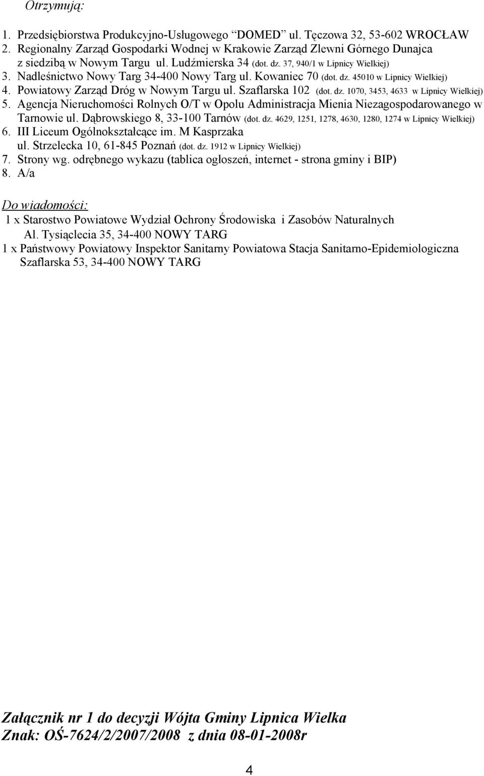 Szaflarska 102 (dot. dz. 1070, 3453, 4633 w Lipnicy Wielkiej) 5. Agencja Nieruchomości Rolnych O/T w Opolu Administracja Mienia Niezagospodarowanego w Tarnowie ul. Dąbrowskiego 8, 33-100 Tarnów (dot.