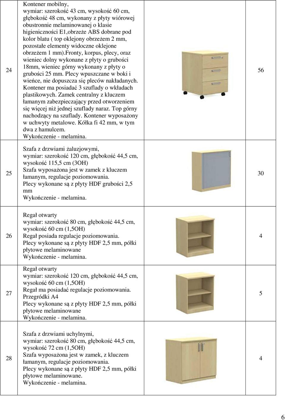 Plecy wpuszczane w boki i wieńce, nie dopuszcza się pleców nakładanych. Kontener ma posiadać 3 szuflady o wkładach plastikowych.