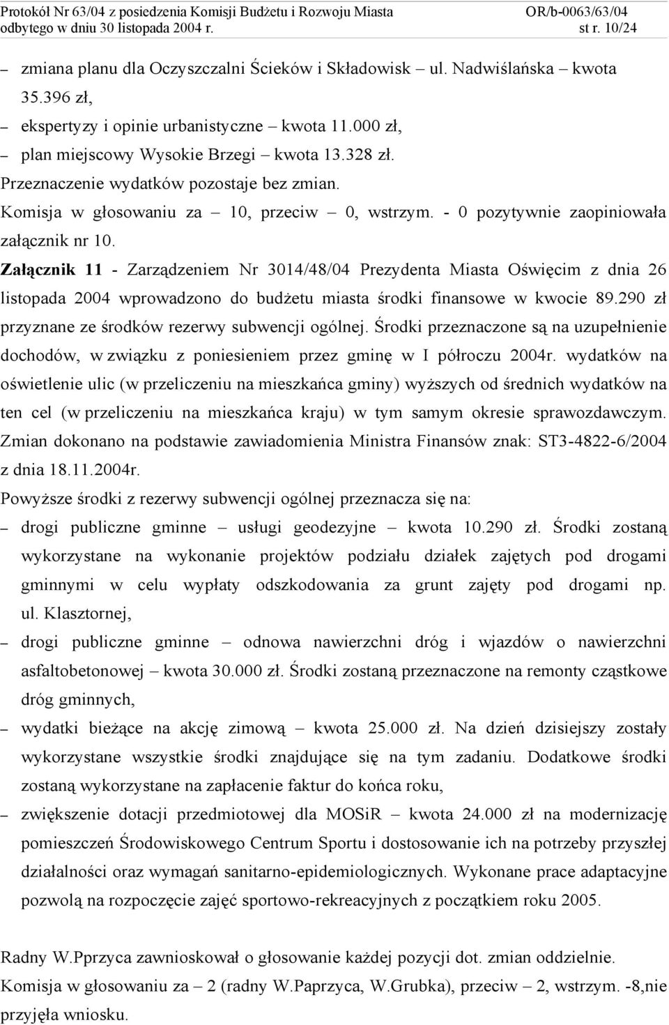 Załącznik 11 - Zarządzeniem Nr 3014/48/04 Prezydenta Miasta Oświęcim z dnia 26 listopada 2004 wprowadzono do budżetu miasta środki finansowe w kwocie 89.