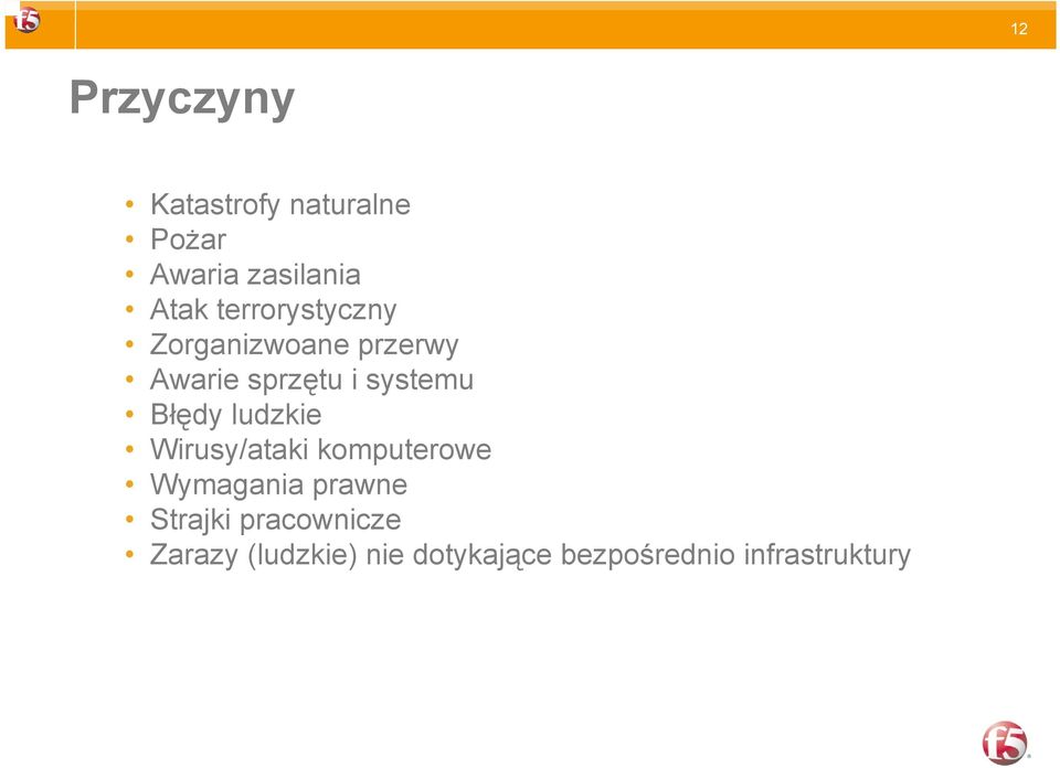 Błędy ludzkie Wirusy/ataki komputerowe Wymagania prawne Strajki