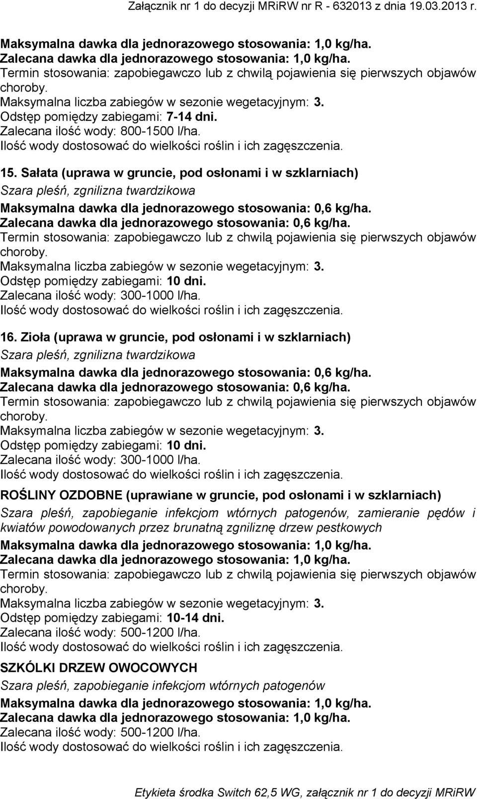 Zalecana dawka dla jednorazowego stosowania: 0,6 kg/ha.