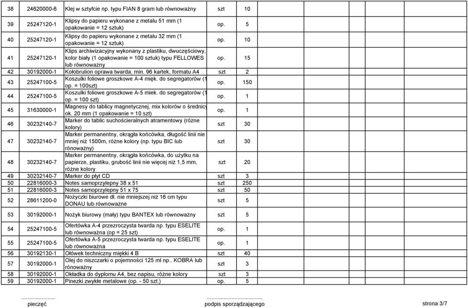 FELLOWES 5 lub równowaŝny 42 30192000-1 Kołobrulion oprawa twarda, min. 96 kartek, formatu A4 43 25247100-5 Koszulki foliowe groszkowe A-4 mięk. do segregatorów (1 op.