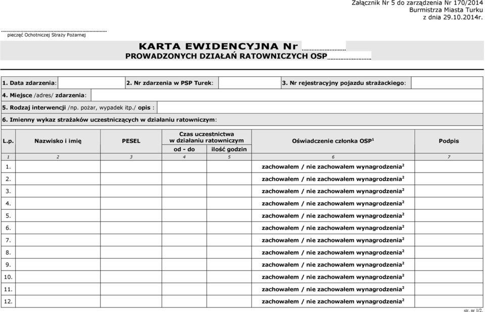 Imienny wykaz strażaków uczestniczących w działaniu ratowniczym: L.p. Nazwisko i imię PESEL Czas uczestnictwa w działaniu ratowniczym od - do ilość godzin Oświadczenie członka OSP 1 1 2 3 4 5 6 7 1.