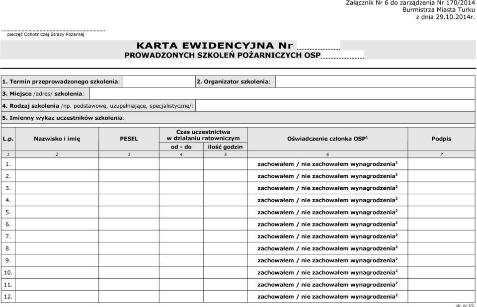 podstawowe, uzupełniające, specjalistyczne/: 5. Imienny wykaz uczestników szkolenia: L.p. Nazwisko i imię PESEL Czas uczestnictwa w działaniu ratowniczym od - do ilość godzin Oświadczenie członka OSP 1 1 2 3 4 5 6 7 1.