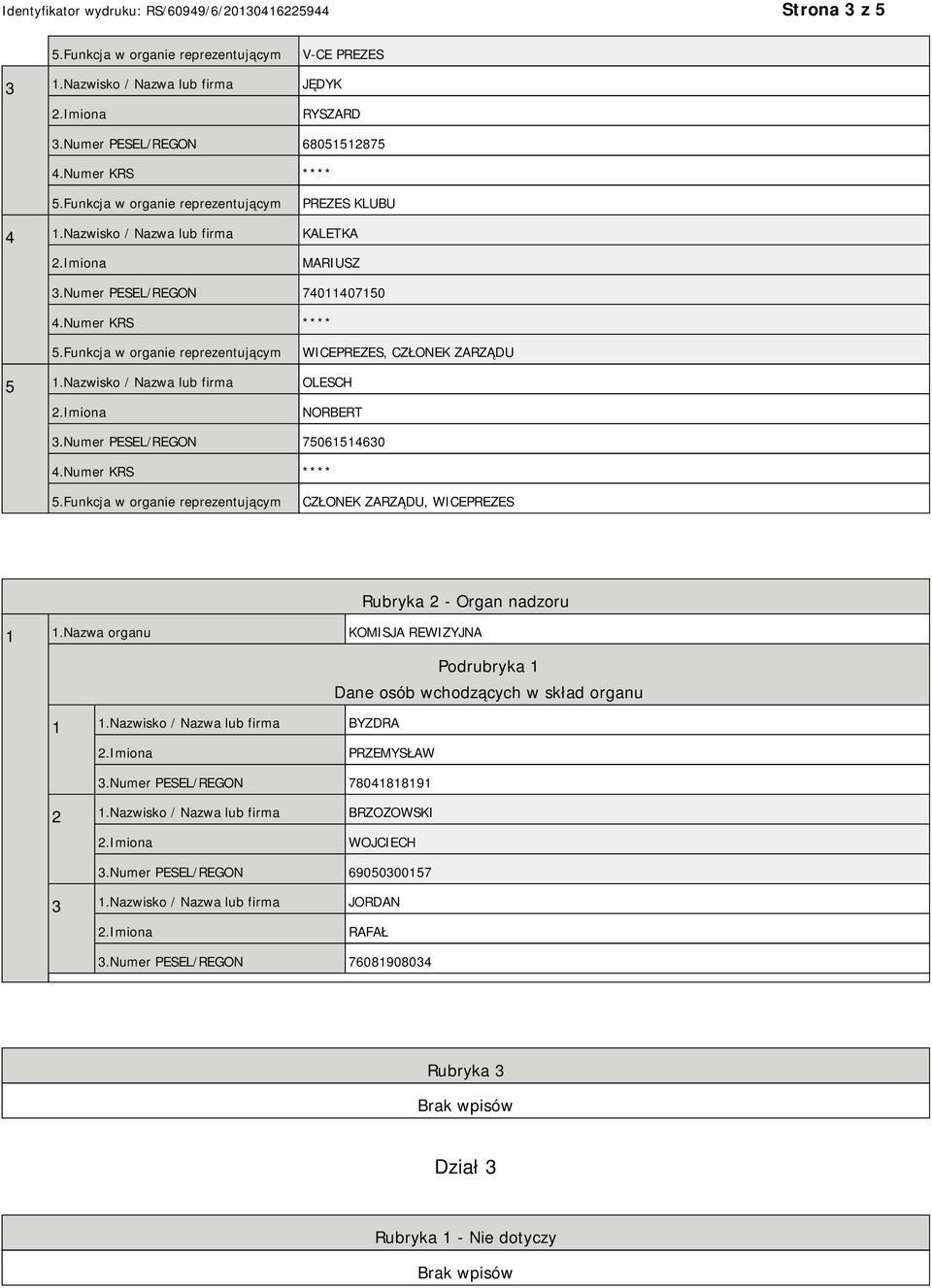 Numer PESEL/REGON 75061514630 CZŁONEK ZARZĄDU, WICEPREZES Rubryka 2 - Organ nadzoru 1 1.Nazwa organu KOMISJA REWIZYJNA Podrubryka 1 Dane osób wchodzących w skład organu 1 1.