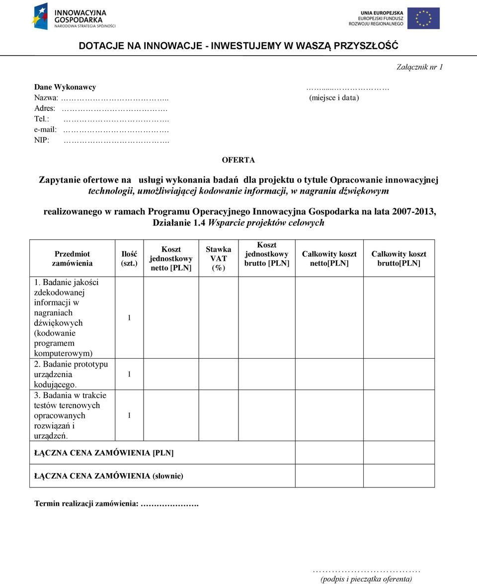 realizowanego w ramach Programu Operacyjnego Innowacyjna Gospodarka na lata 2007-2013, Działanie 1.4 Wsparcie projektów celowych Przedmiot zamówienia Ilość (szt.