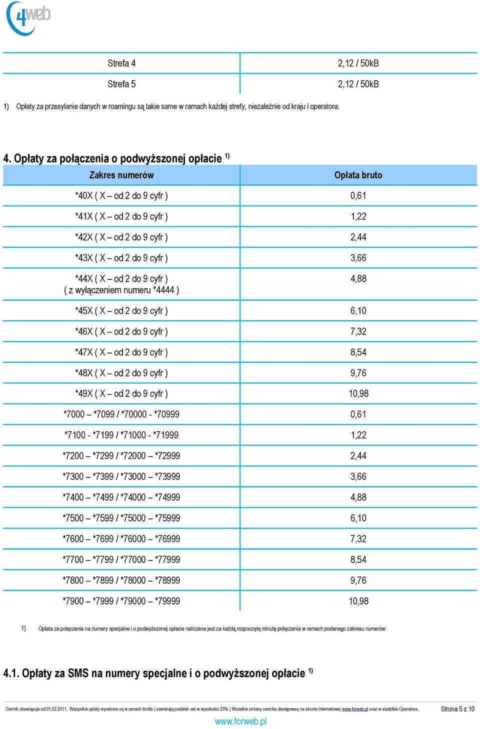 Opłaty za połączenia o podwyższonej opłacie 1) Zakres numerów Opłata bruto *40X ( X od 2 do 9 cyfr ) 0,61 *41X ( X od 2 do 9 cyfr ) 1,22 *42X ( X od 2 do 9 cyfr ) 2,44 *43X ( X od 2 do 9 cyfr ) 3,66