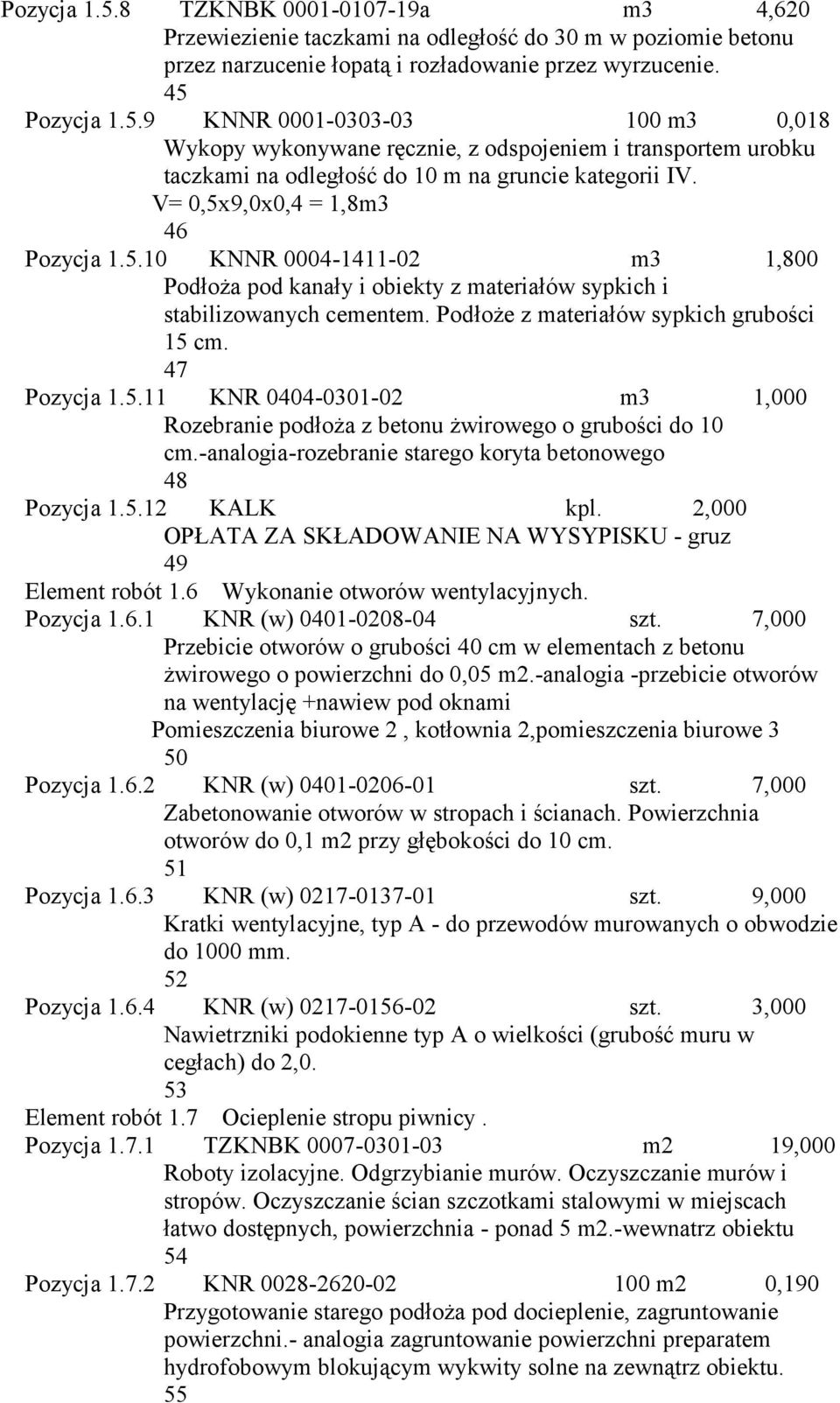 47 Pozycja 1.5.11 KNR 0404-0301-02 m3 1,000 Rozebranie podłoża z betonu żwirowego o grubości do 10 cm.-analogia-rozebranie starego koryta betonowego 48 Pozycja 1.5.12 KALK kpl.