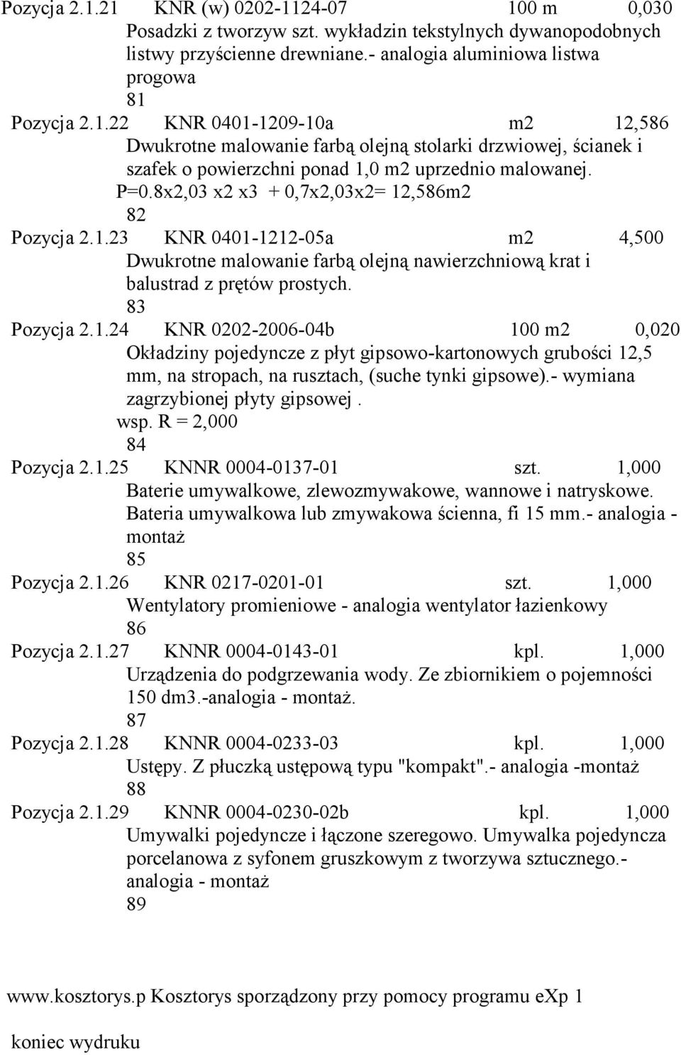 - wymiana zagrzybionej płyty gipsowej. wsp. R = 2,000 84 Pozycja 2.1.25 KNNR 0004-0137-01 szt. 1,000 Baterie umywalkowe, zlewozmywakowe, wannowe i natryskowe.