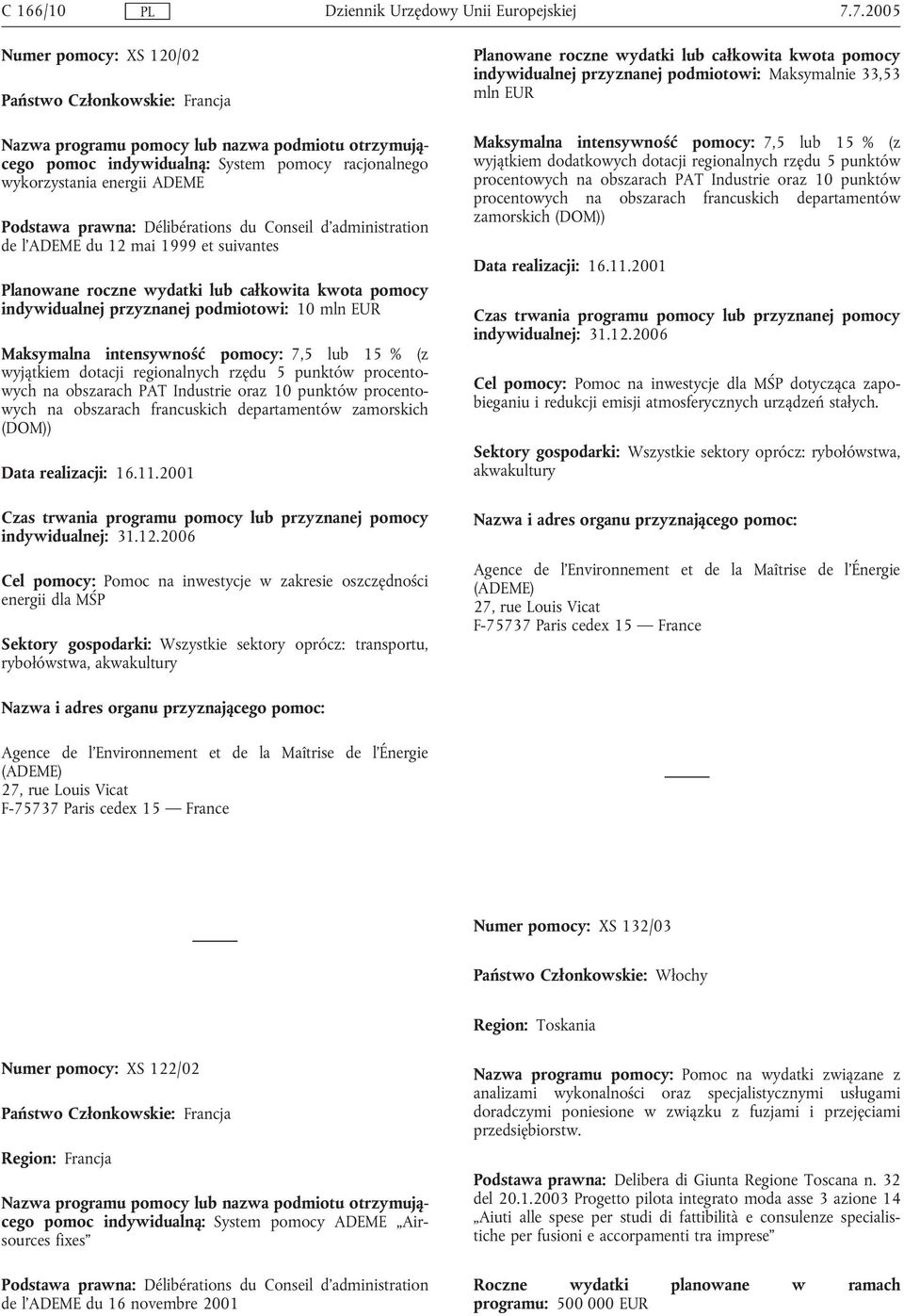 prawna: Délibérations du Conseil d'administration de l'ademe du 12 mai 1999 et suivantes Planowane roczne wydatki lub całkowita kwota pomocy indywidualnej przyznanej podmiotowi: 10 mln Maksymalna