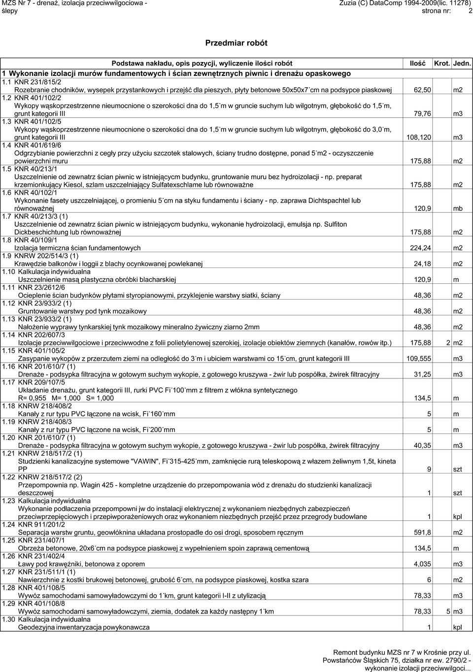 2 KNR 401/102/2 Wykopy wąskoprzestrzenne nieumocnione o szerokości dna do 1,5 m w gruncie suchym lub wilgotnym, głębokość do 1,5 m, grunt kategorii III 79,76 m3 1.