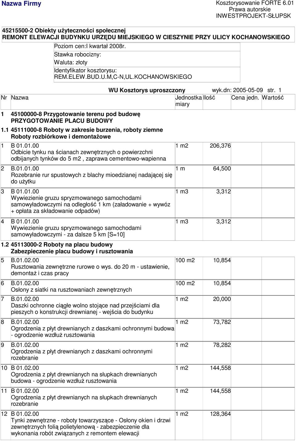 2008r. Stawka robocizny: Waluta: złoty Identyfikator kosztorysu: REM.ELEW.BUD.U.M,C-N,UL.KOCHANOWSKIEGO 45100000-8 Przygotowanie terenu pod budowę PRZYGOTOWANIE PLACU BUDOWY 1.