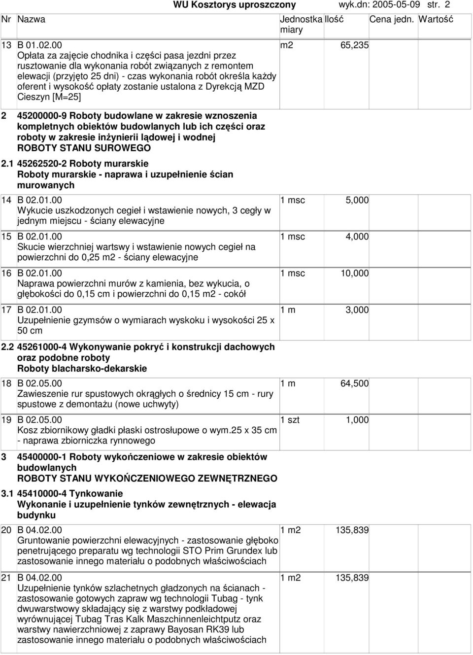 opłaty zostanie ustalona z Dyrekcją MZD Cieszyn [M=25] m2 65,235 2 45200000-9 Roboty budowlane w zakresie wznoszenia kompletnych obiektów budowlanych lub ich części oraz roboty w zakresie inŝynierii