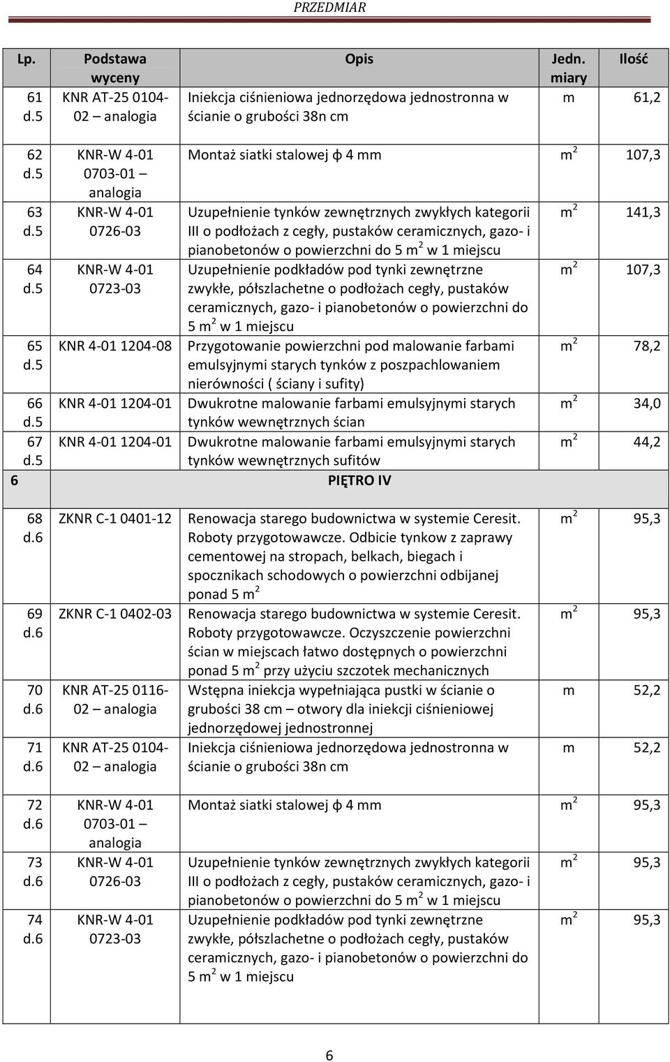 starych tynków wewnętrznych sufitów 66 KNR 4-01 1204-01 67 KNR 4-01 1204-01 6 PIĘTRO IV m 2 141,3 m 2 107,3 m 2 78,2 m 2 34,0 m 2 44,2 68 69 70 71 Roboty przygotowawcze.