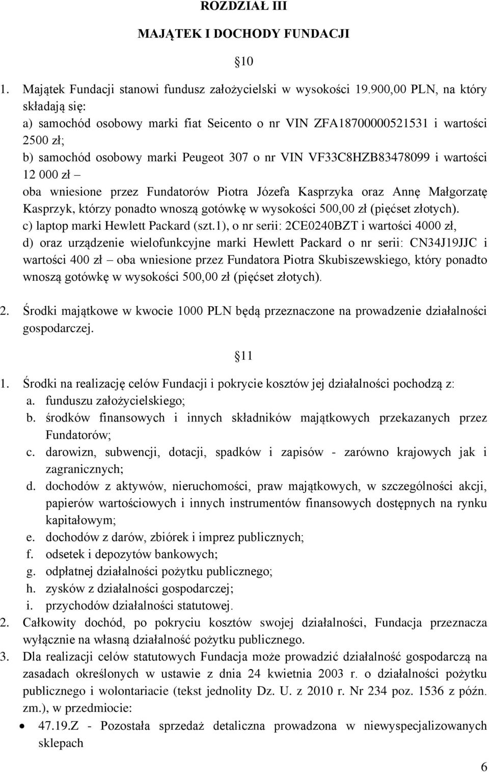 12 000 zł oba wniesione przez Fundatorów Piotra Józefa Kasprzyka oraz Annę Małgorzatę Kasprzyk, którzy ponadto wnoszą gotówkę w wysokości 500,00 zł (pięćset złotych).