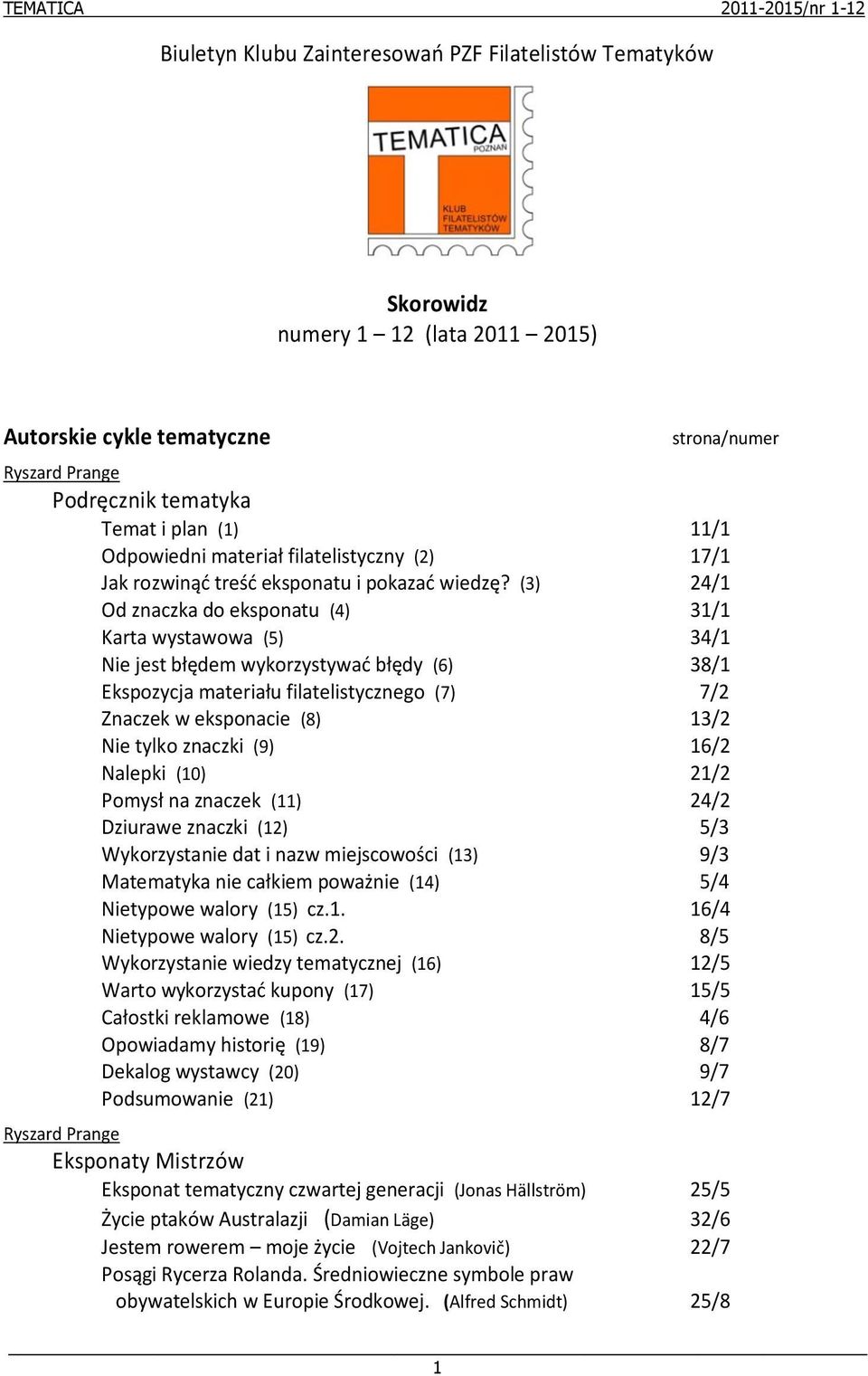 (3) 24/1 Od znaczka do eksponatu (4) 31/1 Karta wystawowa (5) 34/1 Nie jest błędem wykorzystywad błędy (6) 38/1 Ekspozycja materiału filatelistycznego (7) 7/2 Znaczek w eksponacie (8) 13/2 Nie tylko