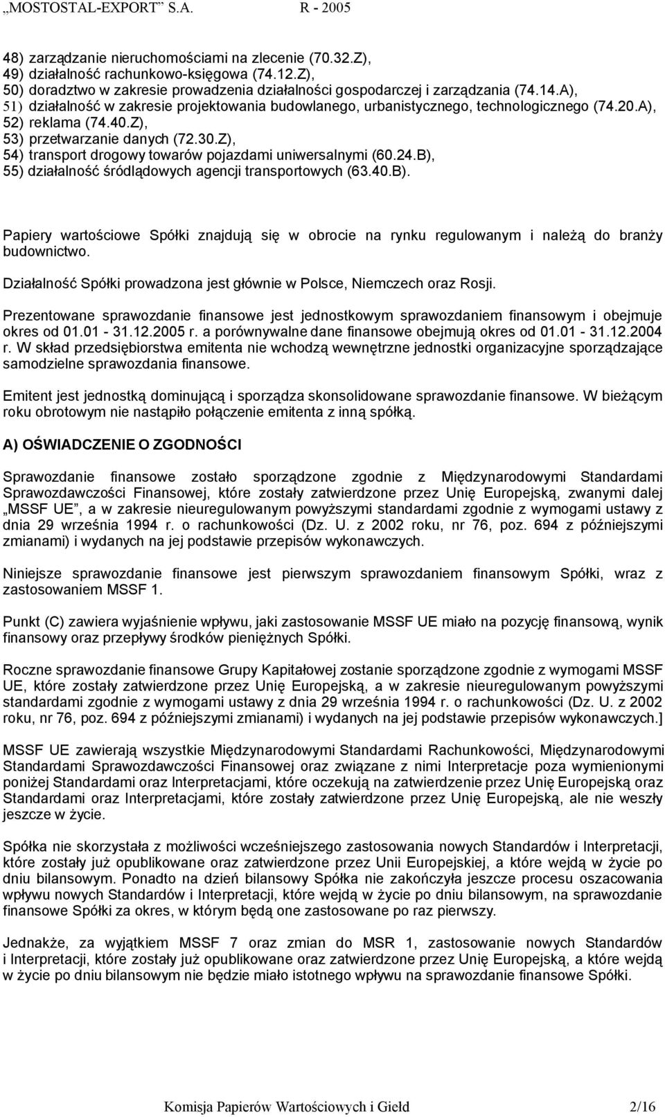 Z), 54) transport drogowy towarów pojazdami uniwersalnymi (60.24.B), 55) działalność śródlądowych agencji transportowych (63.40.B). Papiery wartościowe Spółki znajdują się w obrocie na rynku regulowanym i należą do branży budownictwo.