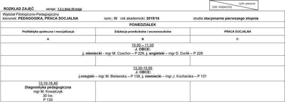 przedszkolna i wczesnoszkolna PRACA SOCJALNA J. OBCE: j. niemiecki - mgr M.