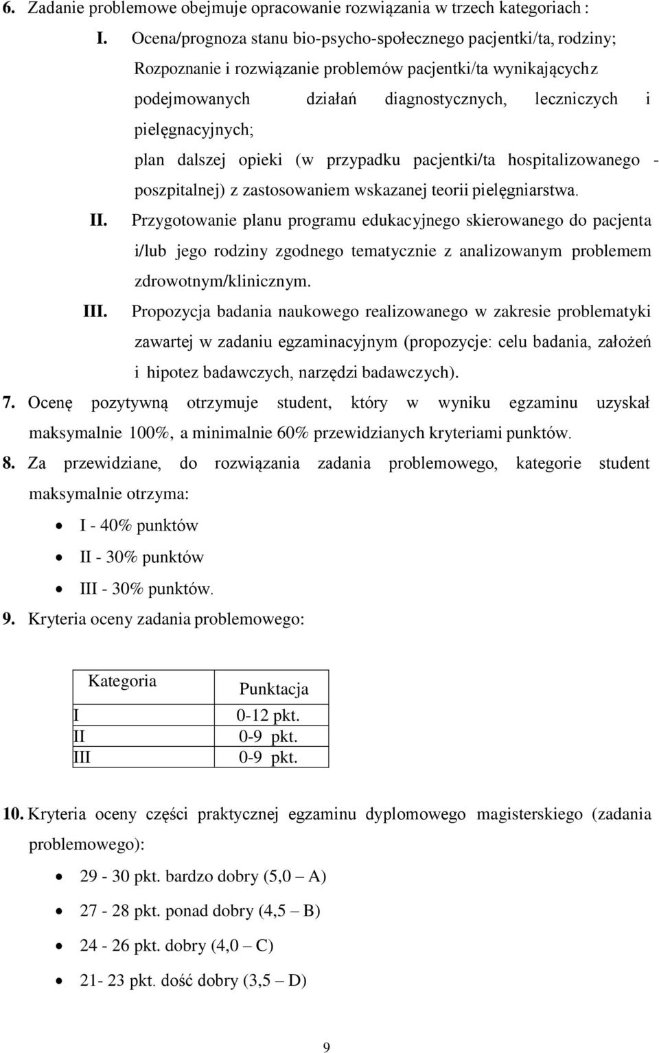 pielęgnacyjnych; plan dalszej opieki (w przypadku pacjentki/ta hospitalizowanego - poszpitalnej) z zastosowaniem wskazanej teorii pielęgniarstwa. II.