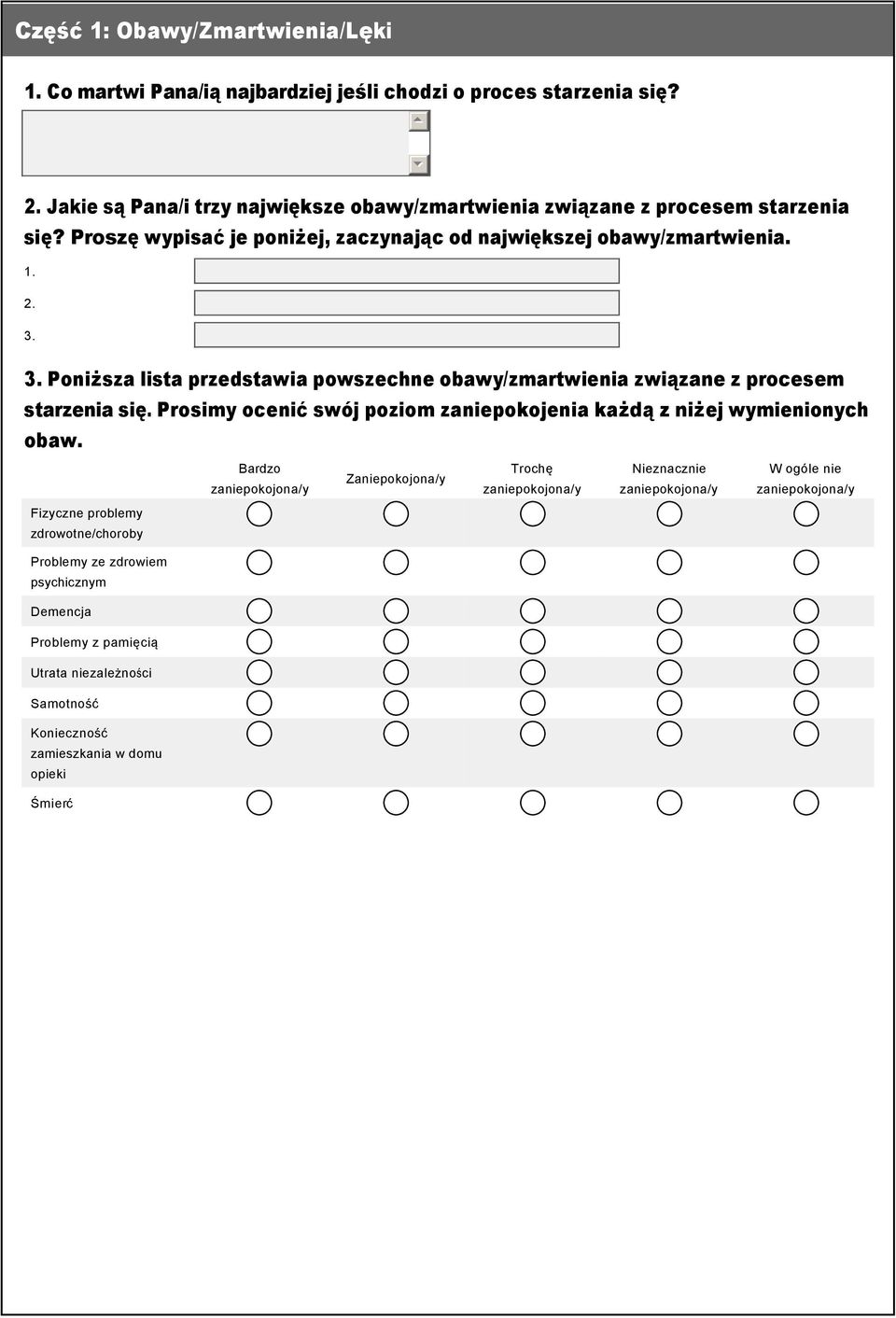 3. Poniższa lista przedstawia powszechne obawy/zmartwienia związane z procesem starzenia się. Prosimy ocenić swój poziom zaniepokojenia każdą z niżej wymienionych obaw.