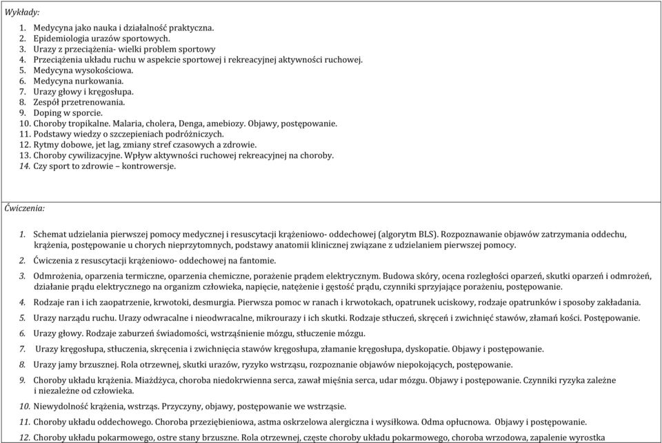 Doping w sporcie. 10. Choroby tropikalne. Malaria, cholera, Denga, amebiozy. Objawy, postępowanie. 11. Podstawy wiedzy o szczepieniach podróżniczych. 12.