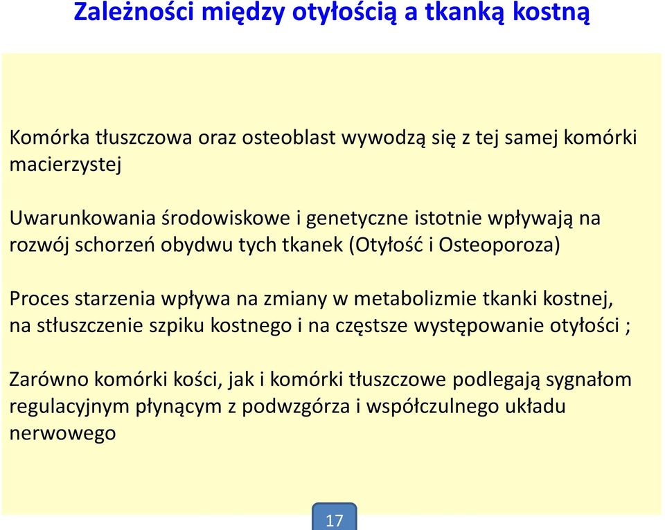 starzenia wpływa na zmiany w metabolizmie tkanki kostnej, na stłuszczenie szpiku kostnego i na częstsze występowanie otyłości ;