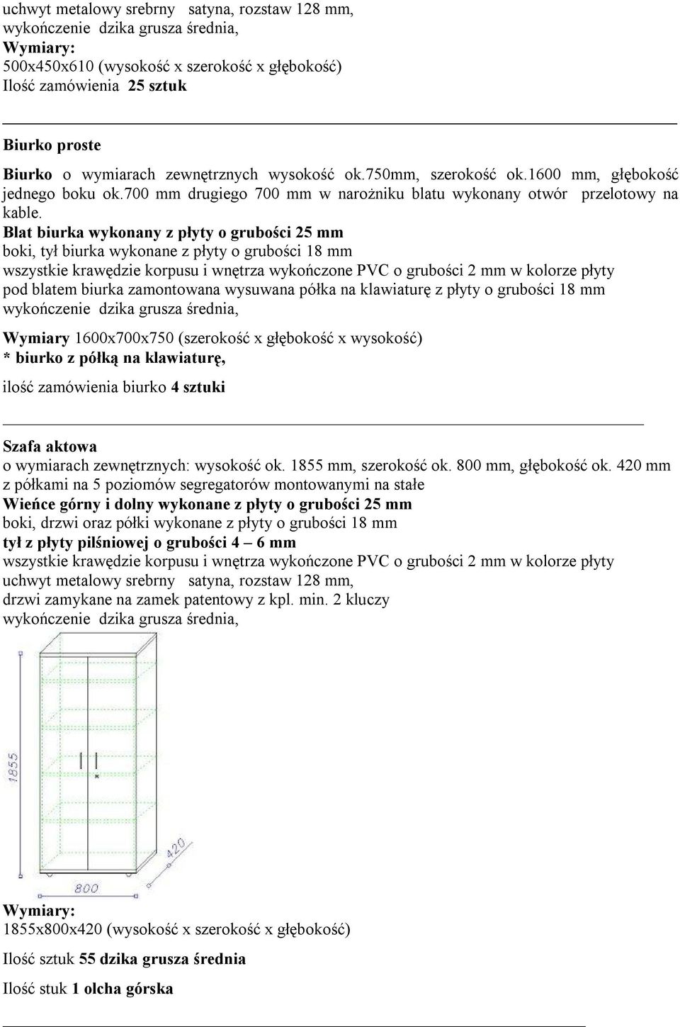 Blat biurka wykonany z płyty o grubości 25 mm boki, tył biurka wykonane z płyty o grubości 18 mm pod blatem biurka zamontowana wysuwana półka na klawiaturę z płyty o grubości 18 mm Wymiary