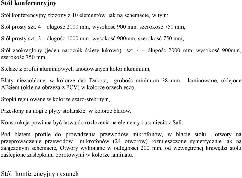 4 długość 2000 mm, wysokość 900mm, szerokość 750 mm, Stelaże z profili aluminiowych anodowanych kolor aluminium, Blaty niezaoblone, w kolorze dąb Dakota, grubość minimum 38 mm.