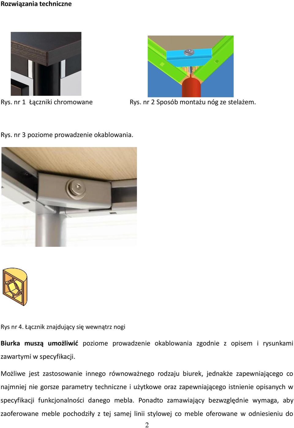 Możliwe jest zastosowanie innego równoważnego rodzaju biurek, jednakże zapewniającego co najmniej nie gorsze parametry techniczne i użytkowe oraz zapewniającego