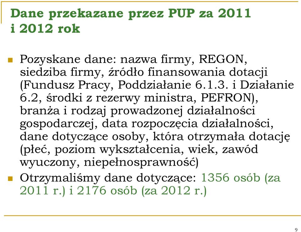 2, środki z rezerwy ministra, PEFRON), branża i rodzaj prowadzonej działalności gospodarczej, data rozpoczęcia