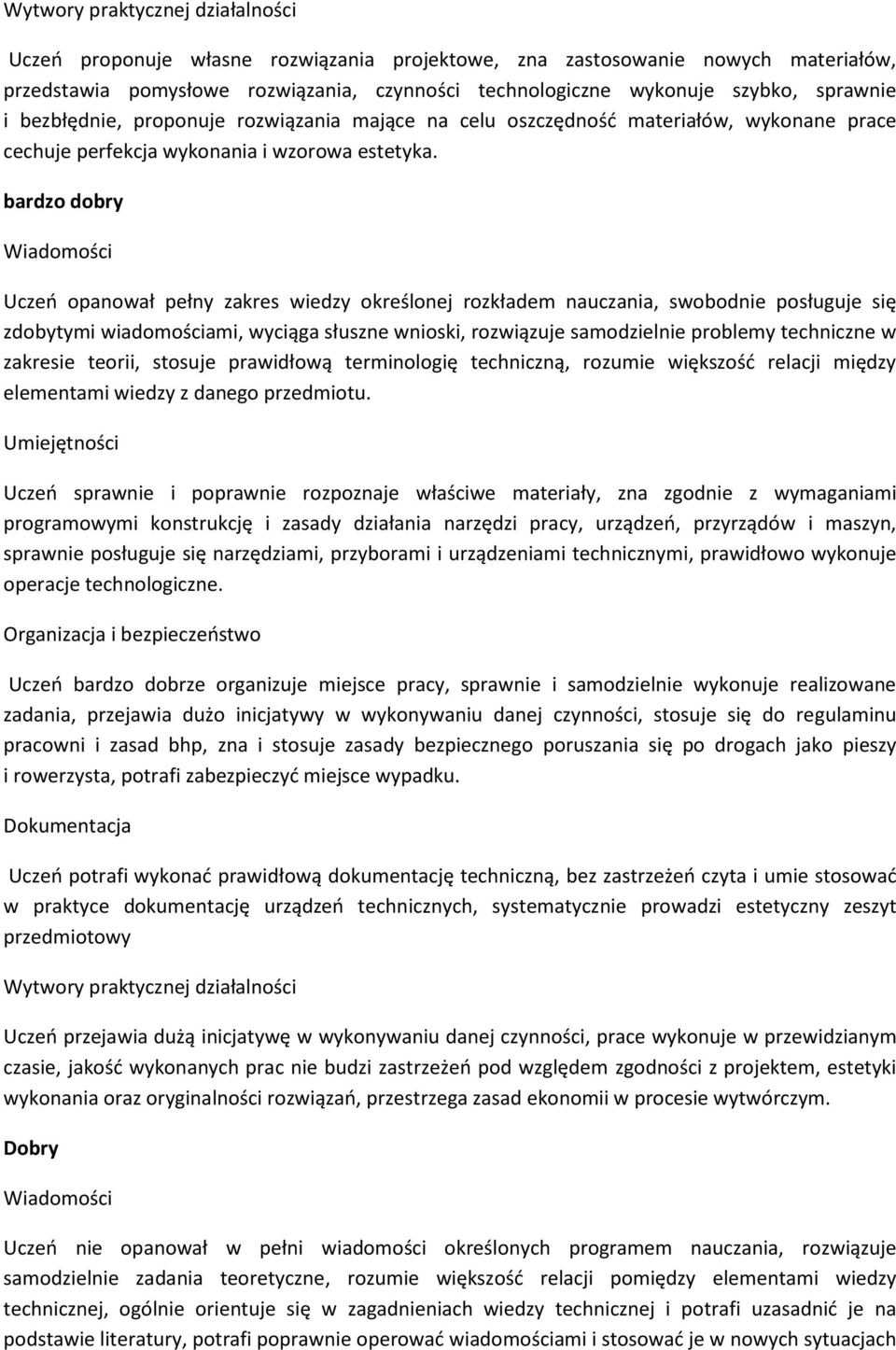 bardzo dobry Uczeń opanował pełny zakres wiedzy określonej rozkładem nauczania, swobodnie posługuje się zdobytymi wiadomościami, wyciąga słuszne wnioski, rozwiązuje samodzielnie problemy techniczne w