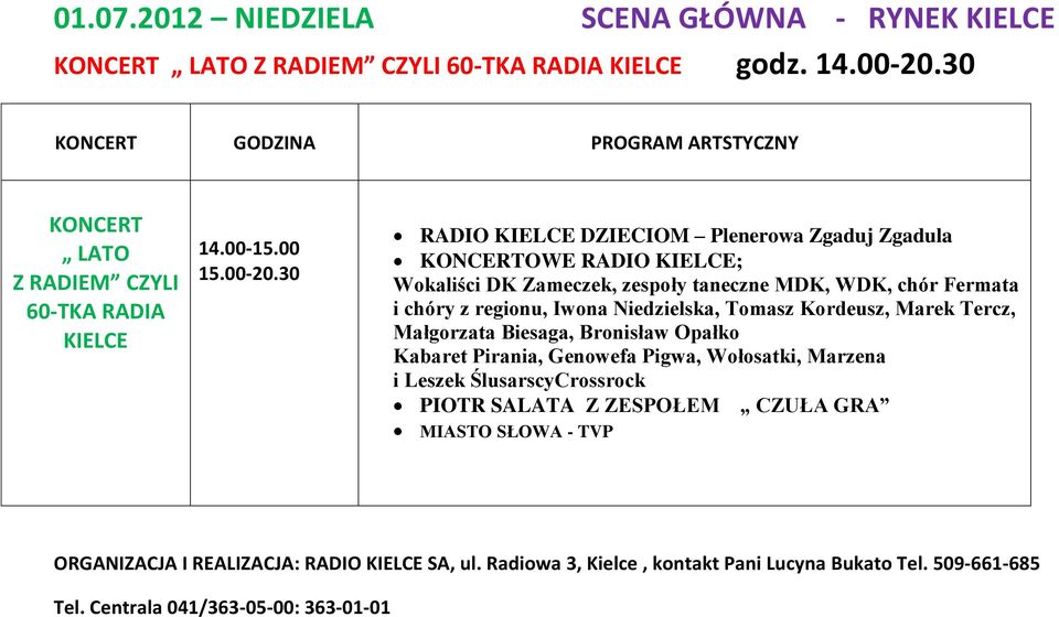 30 RADIO KIELCE DZIECIOM Plenerowa Zgaduj Zgadula KONCERTOWE RADIO KIELCE; Wokaliści DK Zameczek, zespoły taneczne MDK, WDK, chór Fermata i chóry z regionu, Iwona Niedzielska, Tomasz