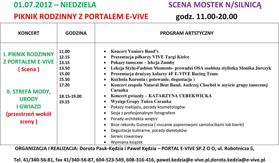 15 Koncert Yuniors Band s Prezentacja piłkarzy VIVE Targi Kielce Pokazy taneczne lekcja Zumby Lekcja Stylu-Fashion Moments- prowadzi OSA osobista stylistka Monika Jurczyk Prezentacja drużyny kolarzy