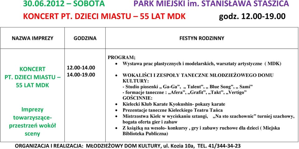 00 PROGRAM; Wystawa prac plastycznych i modelarskich, warsztaty artystyczne ( MDK) WOKALIŚCI I ZESPOŁY TANECZNE MŁODZIEŻOWEGO DOMU KULTURY: - Studio piosenki Ga-Ga, Talent, Blue Song, Sami - formacje