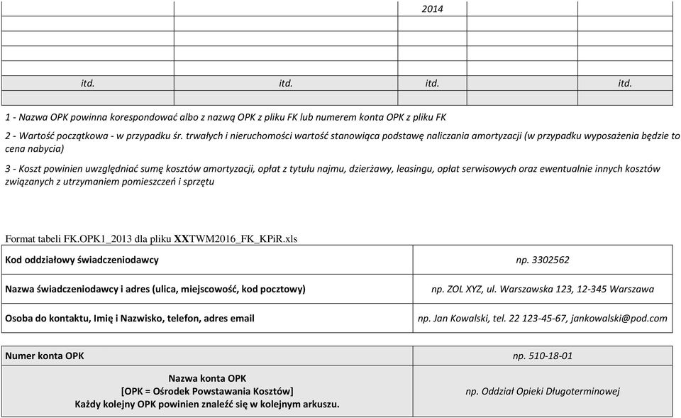 najmu, dzierżawy, leasingu, opłat serwisowych oraz ewentualnie innych kosztów związanych z utrzymaniem pomieszczeń i sprzętu Format tabeli FK.OPK1_2013 dla pliku XXTWM2016_FK_KPiR.