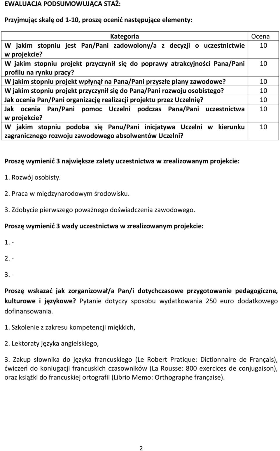 10 W jakim stopniu projekt przyczynił się do Pana/Pani rozwoju osobistego? 10 Jak ocenia Pan/Pani organizację realizacji projektu przez Uczelnię?