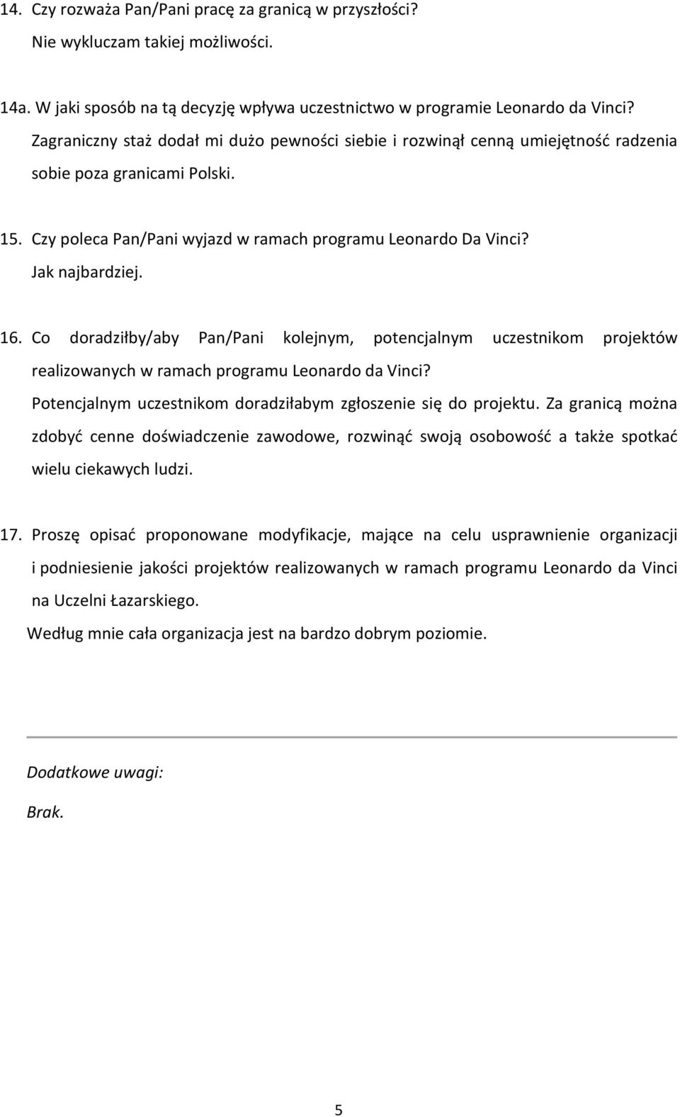 16. Co doradziłby/aby Pan/Pani kolejnym, potencjalnym uczestnikom projektów realizowanych w ramach programu Leonardo da Vinci? Potencjalnym uczestnikom doradziłabym zgłoszenie się do projektu.