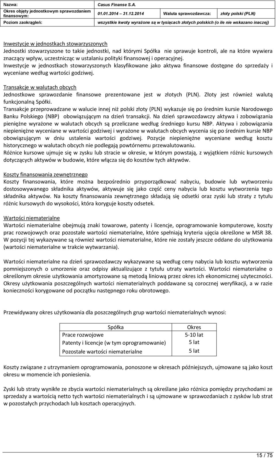 Transakcje w walutach obcych Jednostkowe sprawozdanie finansowe prezentowane jest w złotych (PLN). Złoty jest również walutą funkcjonalną Spółki.