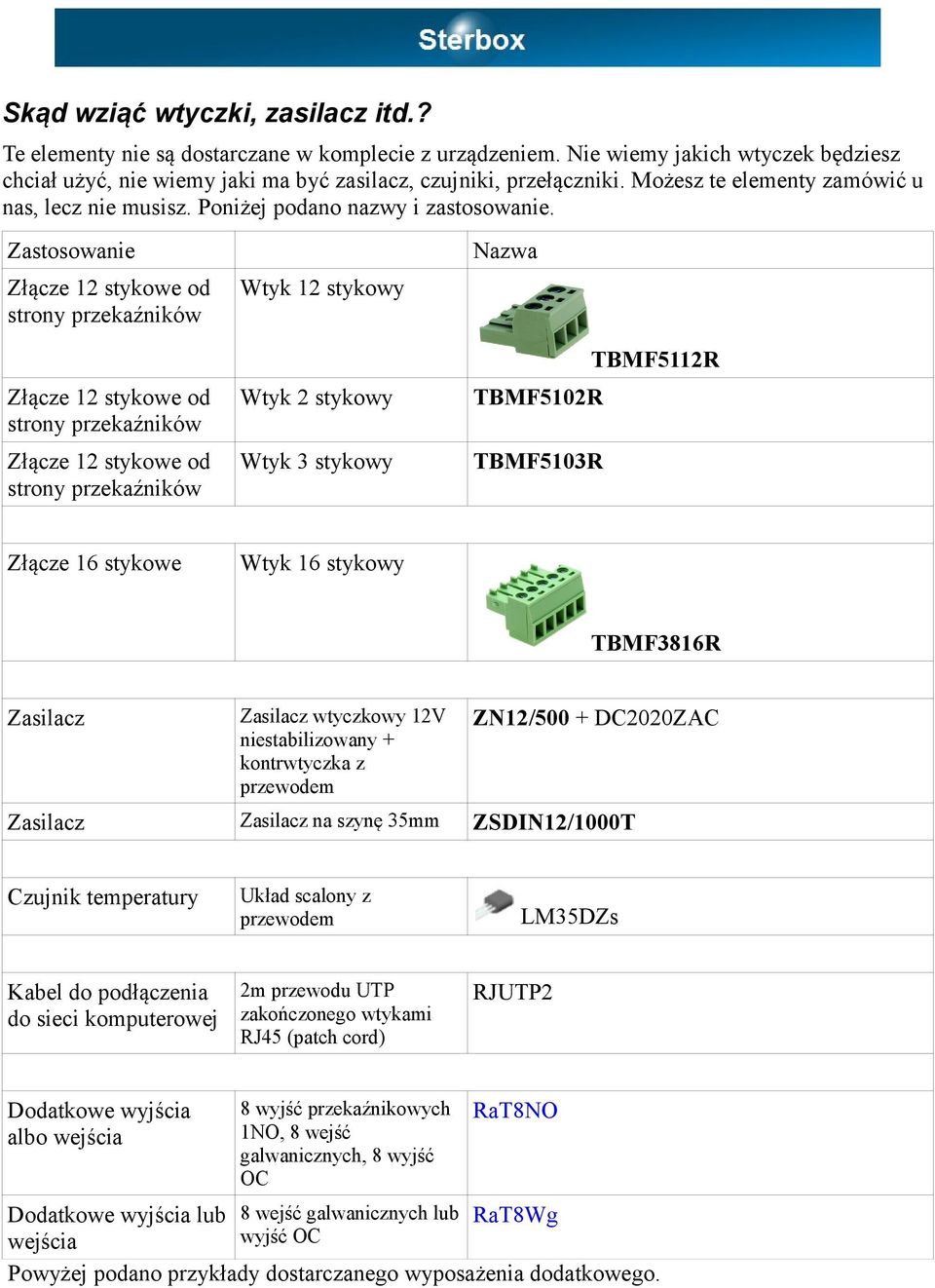 Zastosowanie Złącze 12 stykowe od strony przekaźników Wtyk 12 stykowy Nazwa Złącze 12 stykowe od strony przekaźników Złącze 12 stykowe od strony przekaźników Wtyk 2 stykowy Wtyk 3 stykowy TBMF5102R