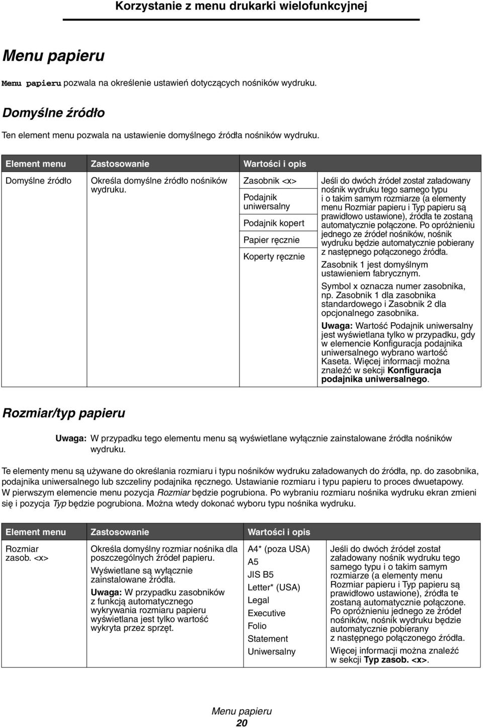 Zasobnik <x> Podajnik uniwersalny Podajnik kopert Papier ręcznie Koperty ręcznie Jeśli do dwóch źródeł został załadowany nośnik wydruku tego samego typu i o takim samym rozmiarze (a elementy menu