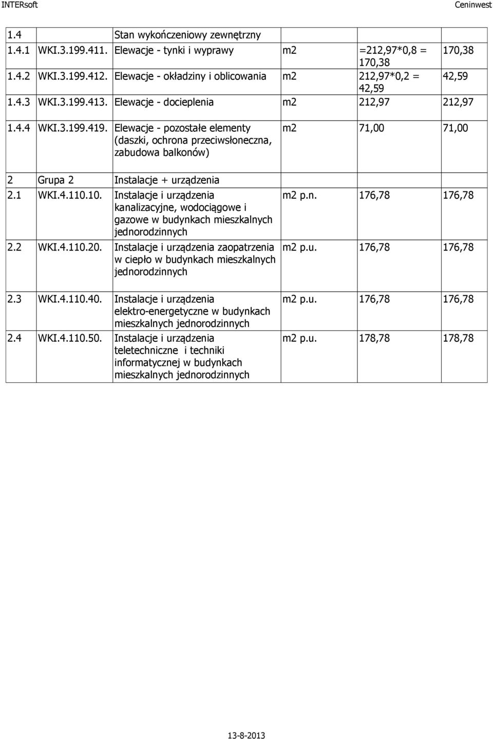 2 WKI.4.112 Instalacje i urządzenia zaopatrzenia w ciepło w budynkach mieszkalnych 2.3 WKI.4.114 Instalacje i urządzenia elektro-energetyczne w budynkach mieszkalnych 2.4 WKI.4.115 Instalacje i urządzenia teletechniczne i techniki informatycznej w budynkach mieszkalnych 71,00 71,00 p.