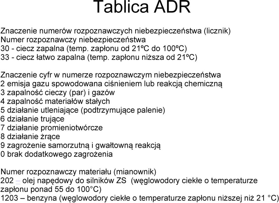 stałych 5 działanie utleniające (podtrzymujące palenie) 6 działanie trujące 7 działanie promieniotwórcze 8 działanie żrące 9 zagrożenie samorzutną i gwałtowną reakcją 0 brak dodatkowego zagrożenia