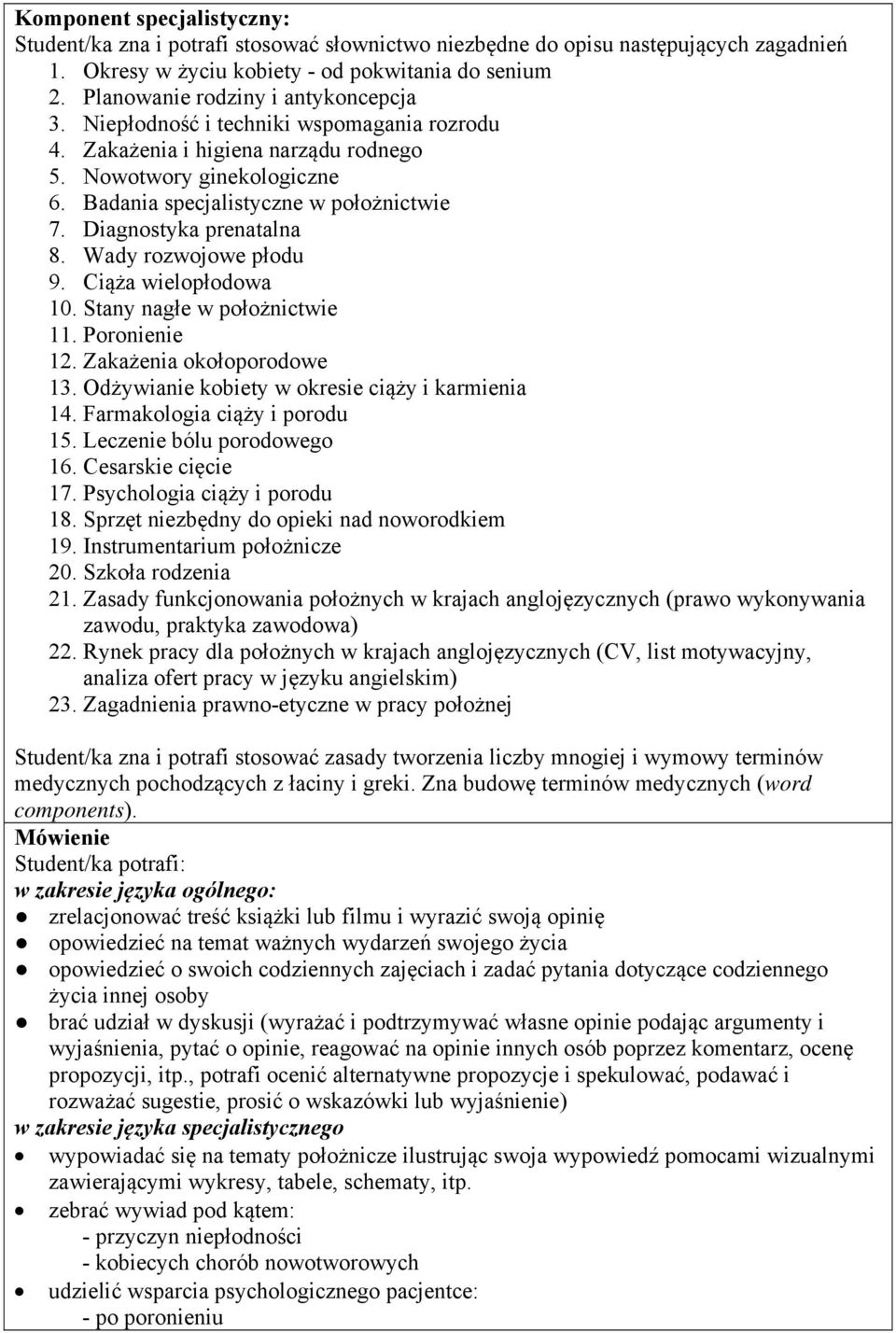 Diagnostyka prenatalna 8. Wady rozwojowe płodu 9. Ciąża wielopłodowa 10. Stany nagłe w położnictwie 11. Poronienie 12. Zakażenia okołoporodowe 13. Odżywianie kobiety w okresie ciąży i karmienia 14.