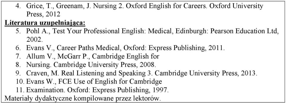 7. Allum V., McGarr P., Cambridge English for 8. Nursing. Cambridge University Press, 2008. 9. Craven, M. Real Listening and Speaking 3.