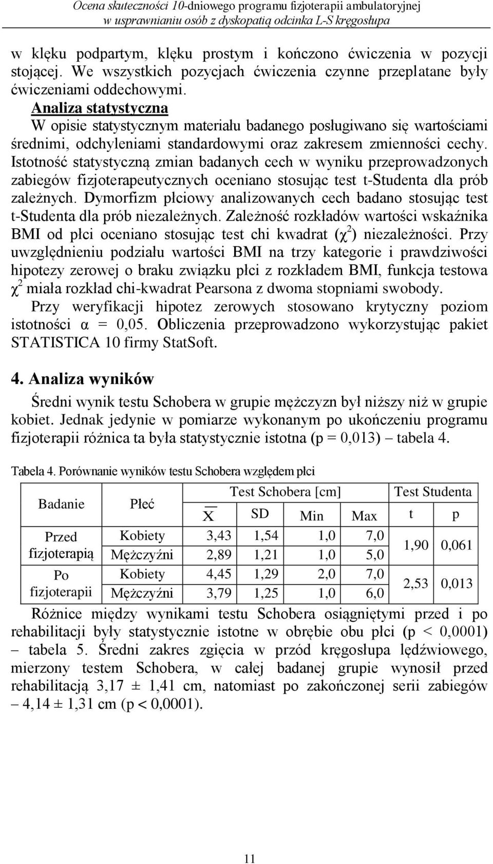 Analiza statystyczna W opisie statystycznym materiału badanego posługiwano się wartościami średnimi, odchyleniami standardowymi oraz zakresem zmienności cechy.